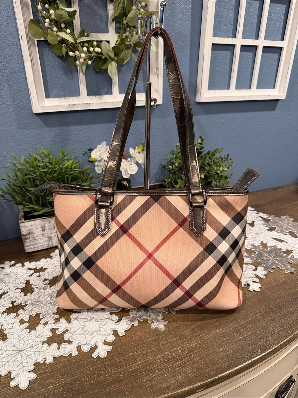 Burberry Beige Pink Plaid Canvas Tote with Dark Brown Leather Straps